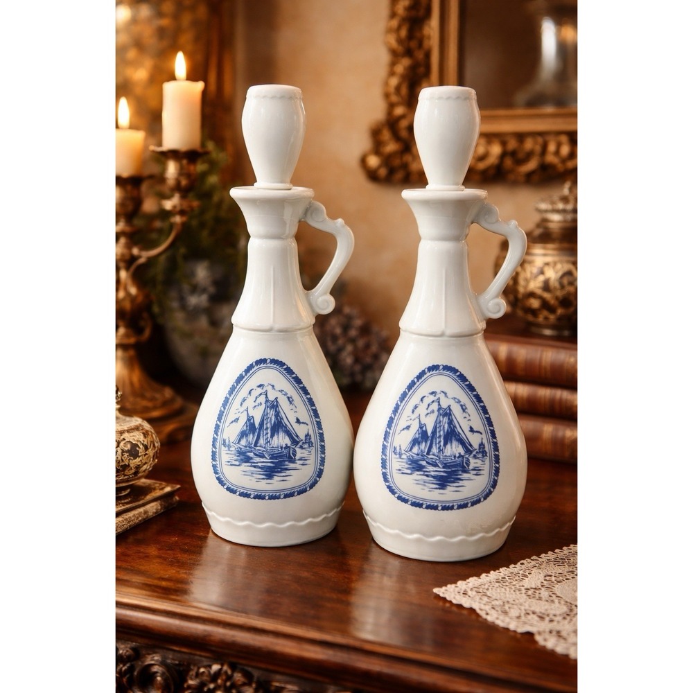 1963 Jim Beam Milk Glass Decanter Set Delft Blue Sailing Ship Bottle Pair Vtg